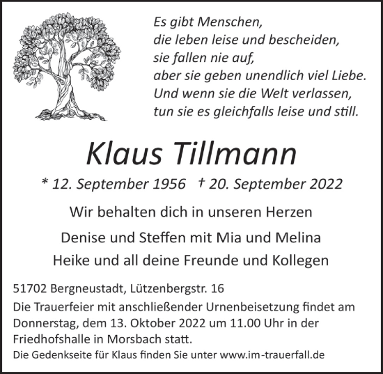 Traueranzeigen Von Klaus Tillmann Wirtrauern