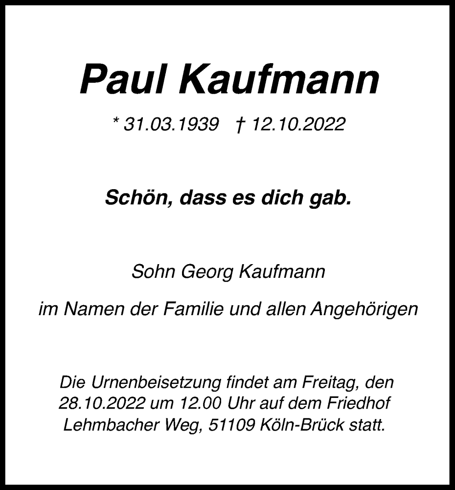 Traueranzeigen Von Paul Kaufmann WirTrauern