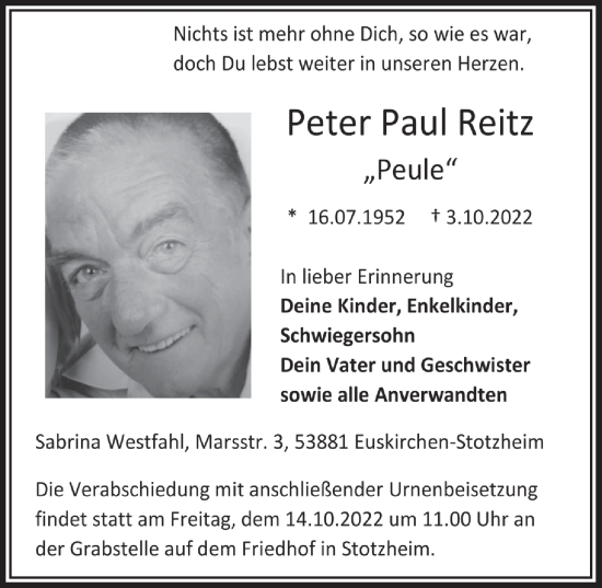 Traueranzeigen Von Peter Paul Reitz Wirtrauern