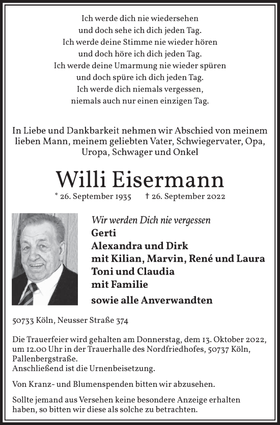 Traueranzeigen Von Willi Eisermann Wirtrauern