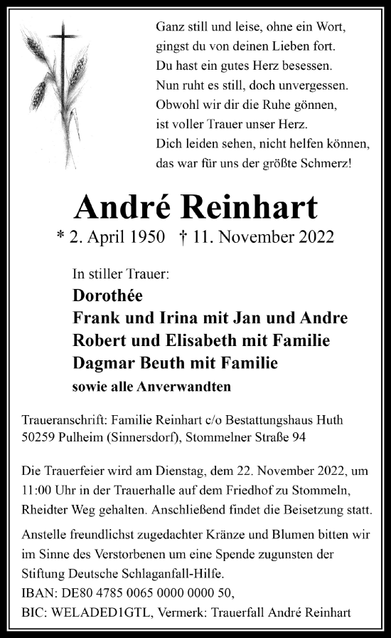 Traueranzeigen Von Andre Reinhart WirTrauern