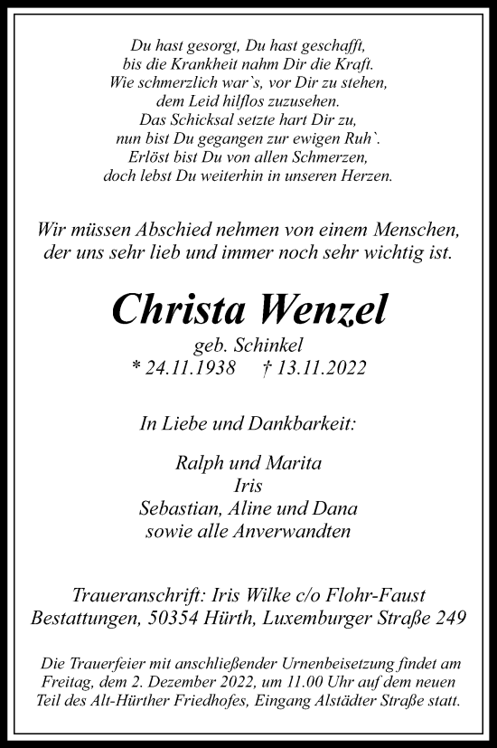 Traueranzeigen Von Christa Wenzel Wirtrauern