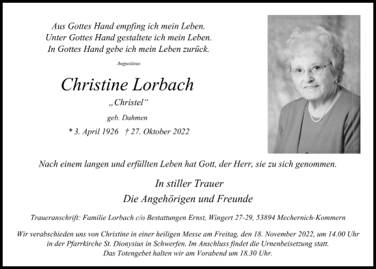 Anzeige von Christine Lorbach von  Blickpunkt Euskirchen 