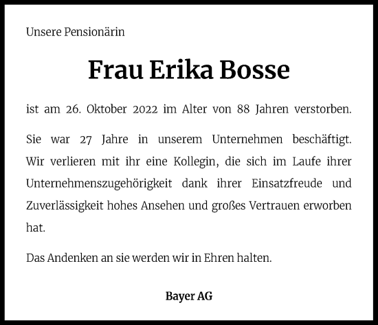 Traueranzeigen Von Erika Bosse WirTrauern