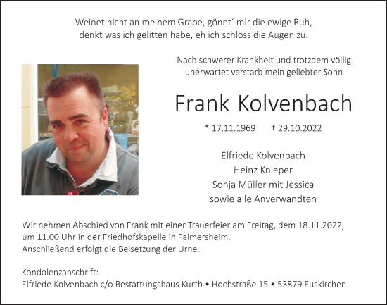 Traueranzeigen Von Frank Kolvenbach Wirtrauern