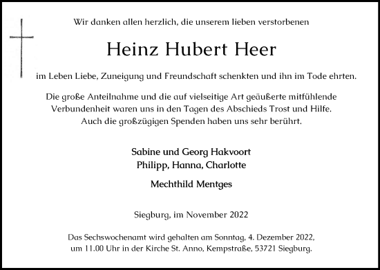 Traueranzeigen Von Heinz Hubert Heer WirTrauern