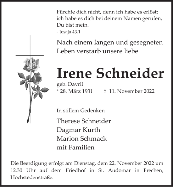 Traueranzeigen Von Irene Schneider WirTrauern