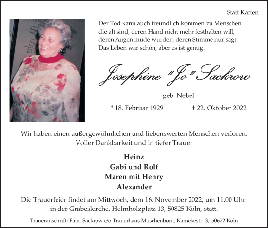 Traueranzeigen Von Josephine Sakrow WirTrauern