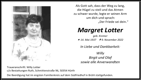 Traueranzeigen Von Margret Lotter Wirtrauern