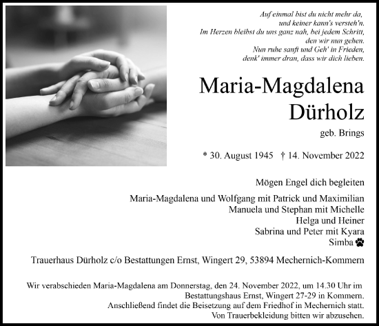 Anzeige von Maria-Magdalena Dürholz von  Blickpunkt Euskirchen 