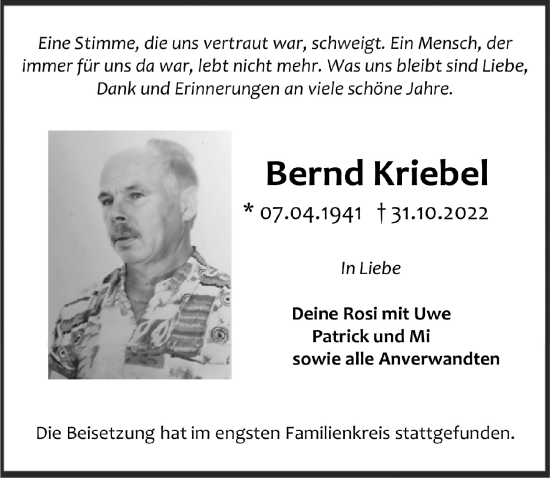 Traueranzeigen Von Bernd Kriebel Wirtrauern