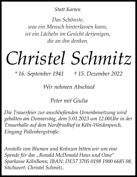 Traueranzeigen Von Christel Schmitz Wirtrauern