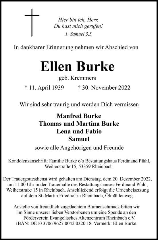 Traueranzeigen Von Ellen Burke WirTrauern