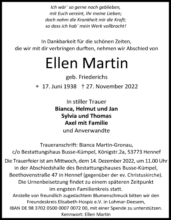 Traueranzeigen Von Ellen Martin WirTrauern