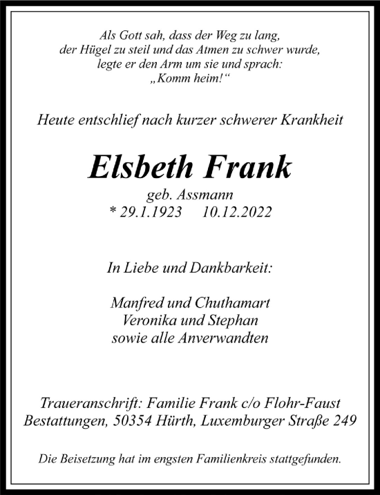 Traueranzeigen Von Elsbeth Frank Wirtrauern