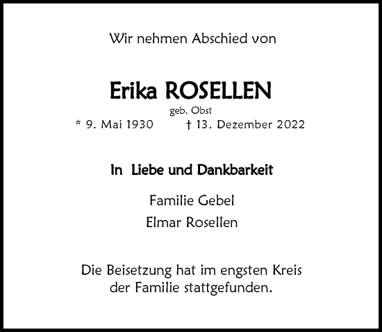 Traueranzeigen Von Erika Rosellen Wirtrauern