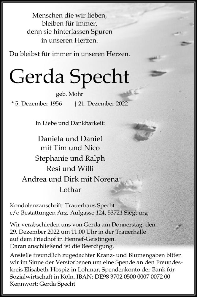 Traueranzeigen Von Gerda Specht WirTrauern