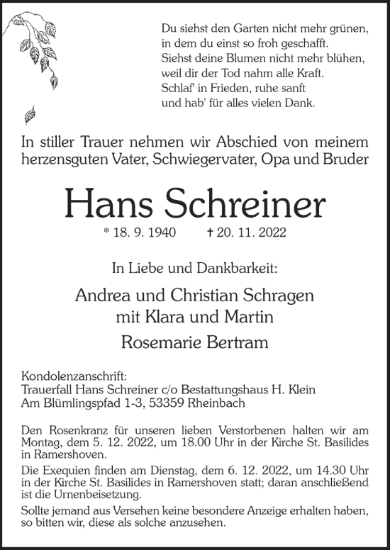 Traueranzeigen Von Hans Schreiner Wirtrauern