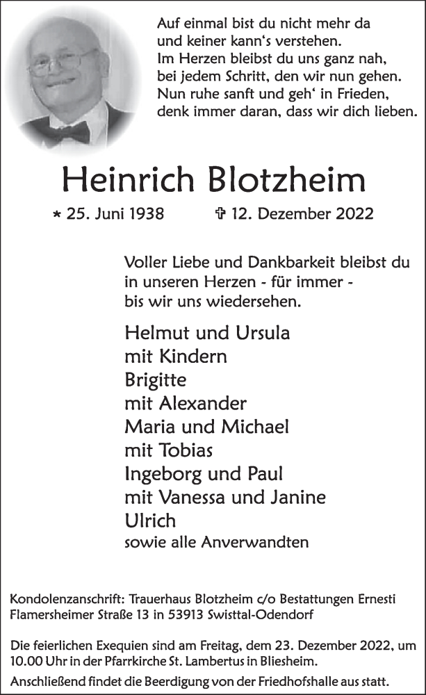 Traueranzeigen Von Heinrich Blotzheim WirTrauern