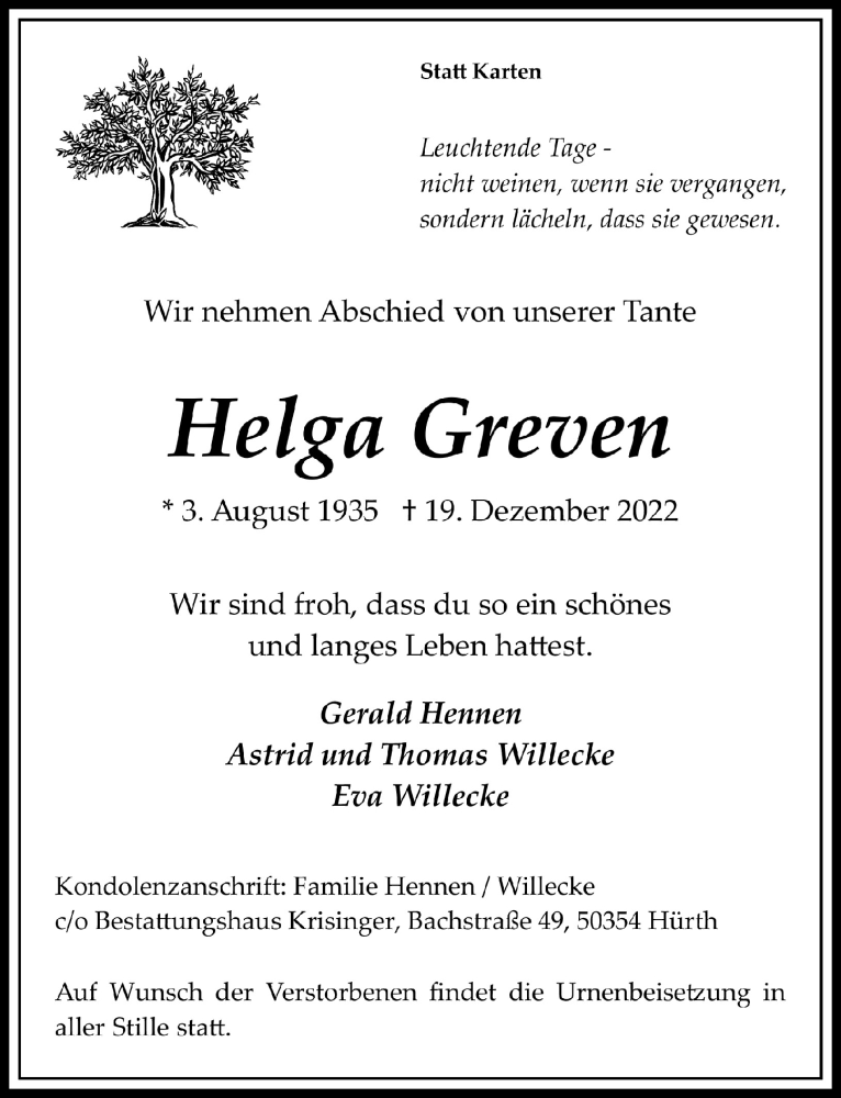 Traueranzeigen Von Helga Greven Wirtrauern