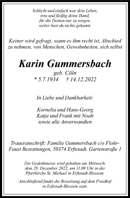 Traueranzeigen Von Karin Gummersbach Wirtrauern