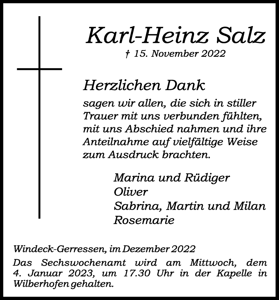 Traueranzeigen Von Karl Heinz Salz WirTrauern