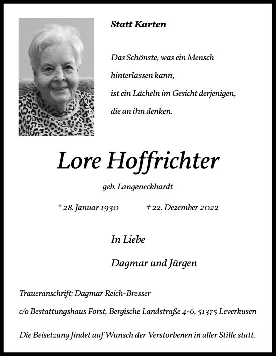 Traueranzeigen Von Lore Hoffrichter WirTrauern