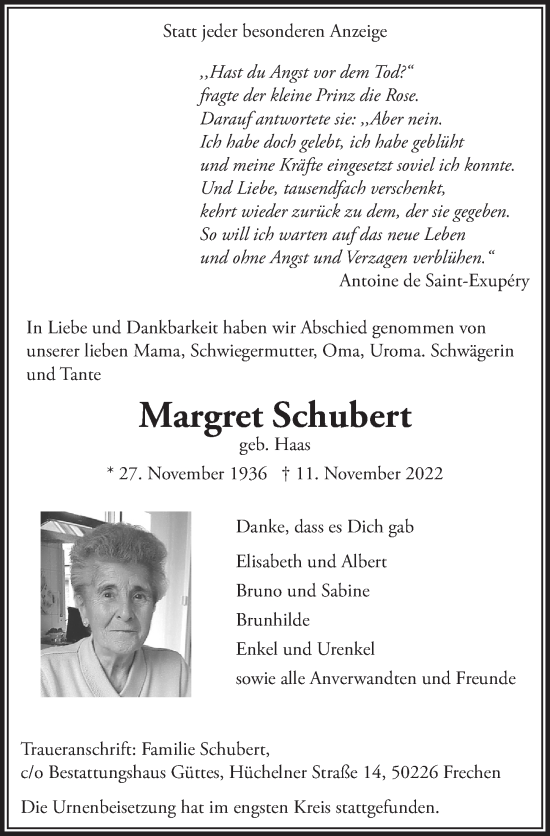 Traueranzeigen Von Margret Schubert Wirtrauern