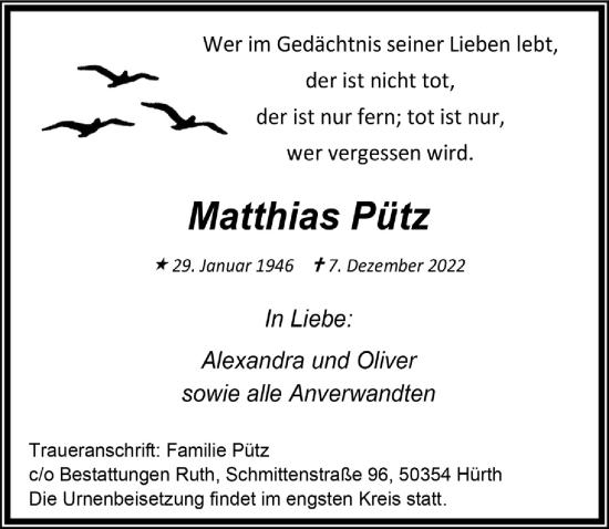 Traueranzeigen von Matthias Pütz WirTrauern