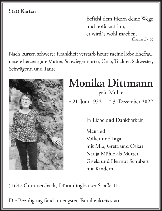 Traueranzeigen Von Monika Dittmann Wirtrauern