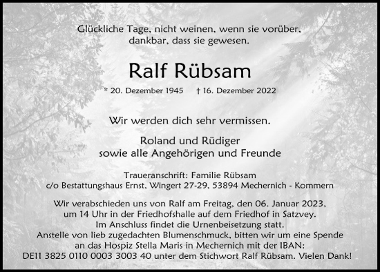 Traueranzeigen von Ralf Rübsam WirTrauern