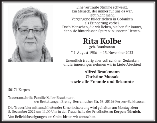 Traueranzeigen Von Rita Kolbe Wirtrauern