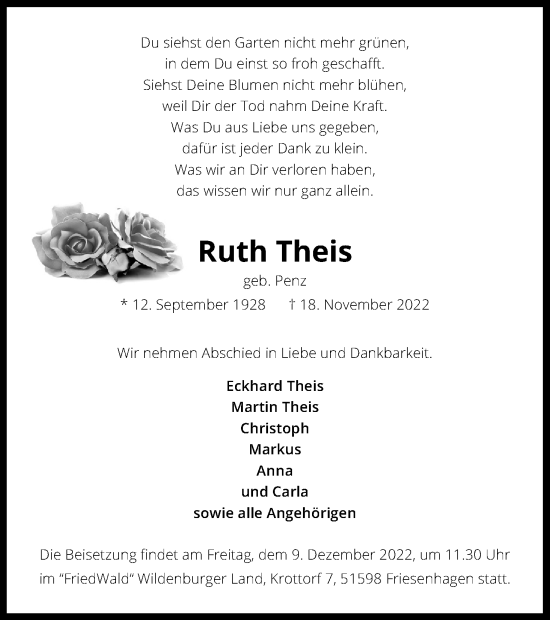 Traueranzeigen Von Ruth Theis WirTrauern