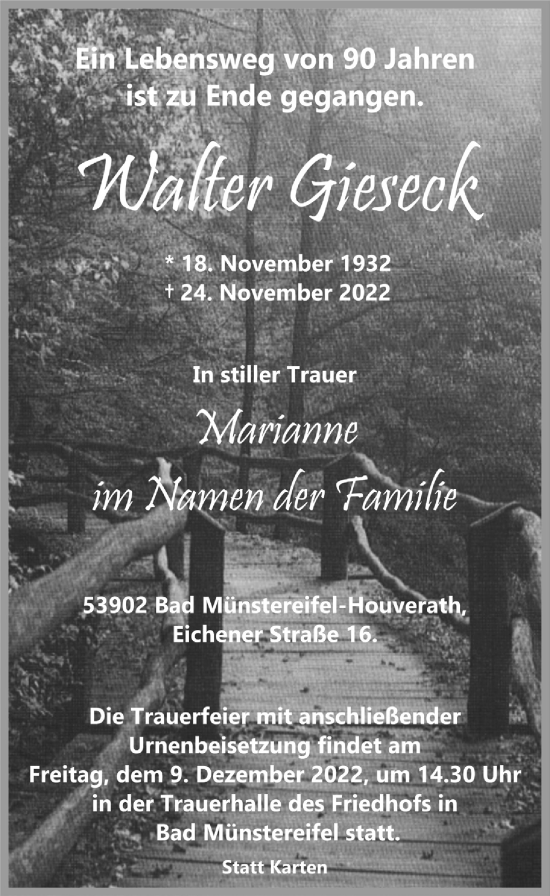 Traueranzeigen Von Walter Gieseck WirTrauern