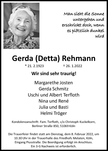 Traueranzeigen Von Gerda Rehmann WirTrauern