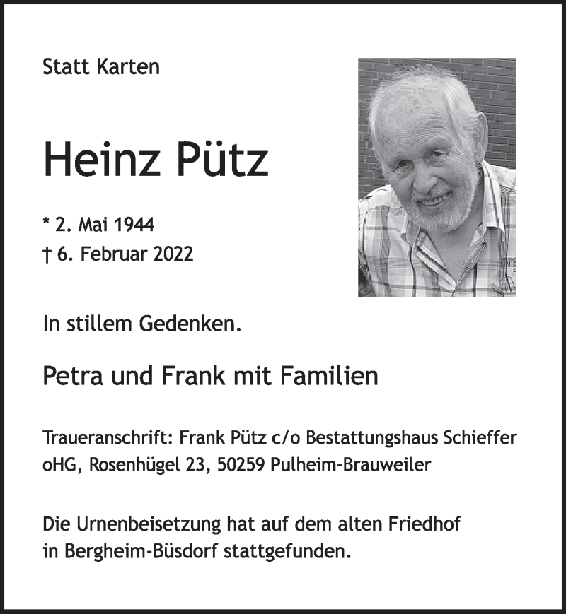 Traueranzeigen von Heinz Pütz WirTrauern