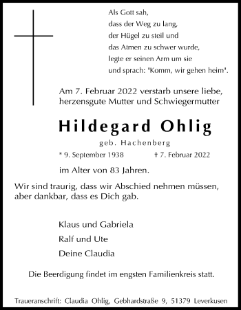 Traueranzeigen Von Hildegard Ohlig WirTrauern