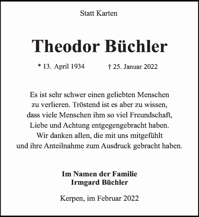 Traueranzeigen von Theodor Büchler WirTrauern