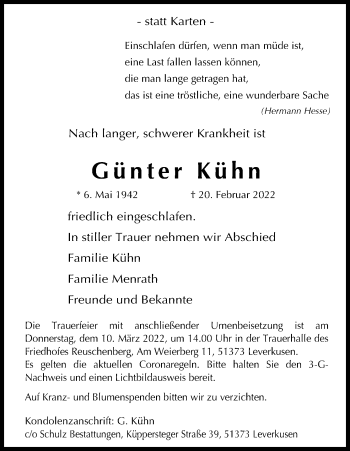 Traueranzeigen von Günter Kühn WirTrauern