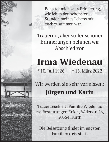 Traueranzeigen Von Irma Wiedenau WirTrauern