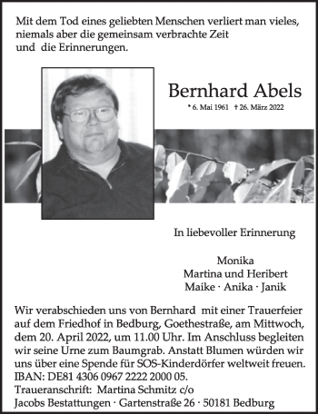 Traueranzeigen Von Bernhard Abels Wirtrauern