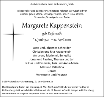 Traueranzeigen Von Margarete Kappenstein Wirtrauern