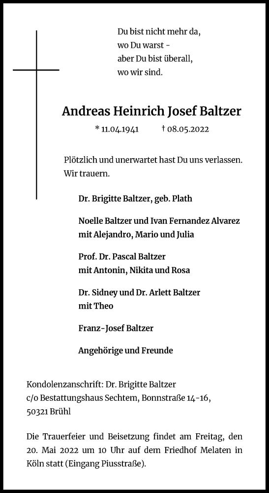 Traueranzeigen Von Andreas Heinrich Josef Baltzer Wirtrauern