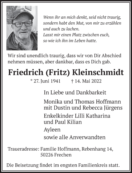 Traueranzeigen Von Friedrich Kleinschmidt WirTrauern