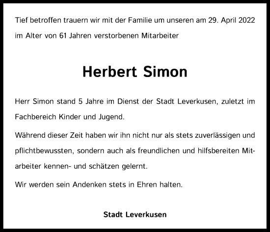 Traueranzeigen Von Herbert Simon Wirtrauern