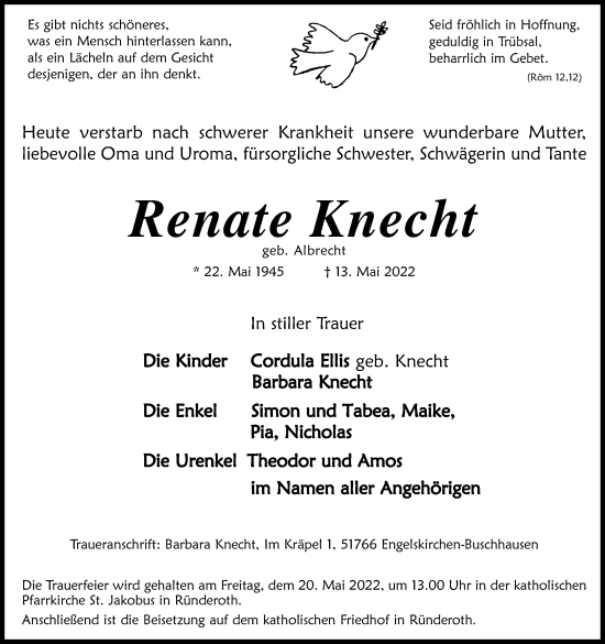 Traueranzeigen Von Renate Knecht WirTrauern