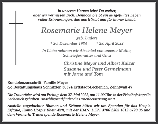 Traueranzeigen Von Rosemarie Helene Meyer WirTrauern