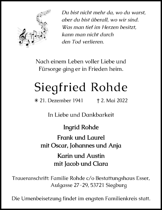 Traueranzeigen Von Siegfried Rohde WirTrauern