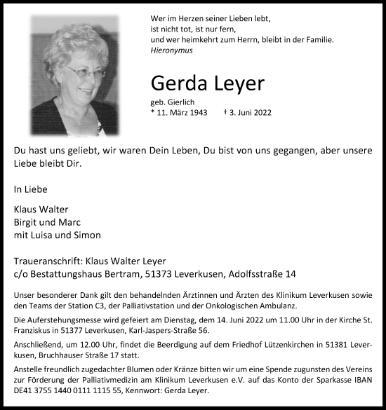 Traueranzeigen Von Gerda Leyer Wirtrauern