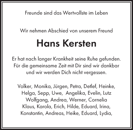 Traueranzeigen Von Hans Kersten Wirtrauern